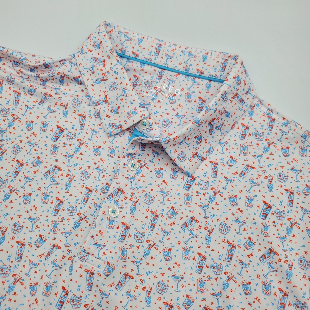 Maelreg Mens XL Performance‎ Polo Shirt White Cocktail Drink Print Short Sleeve